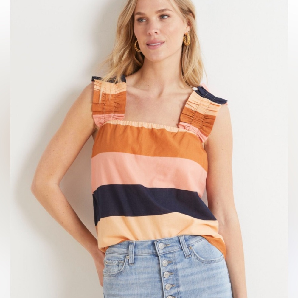 Striped Ruffle Strap Tank Top - Peach Multi